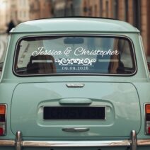 Vintage Flourish Wedding Car Decal – Personalized Bridal Car Sticker with Names & Date #9