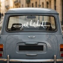 Just Hitched Getaway Car Decal – Ready to Ship Wedding Car Sticker